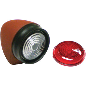 A red and black Sparex Side Light - Front/Rear (Halogen), RH, 12V - S.43144, with a detached red lens cover positioned beside it. The light features a circular, reflective surface and is compatible with 12V systems.
