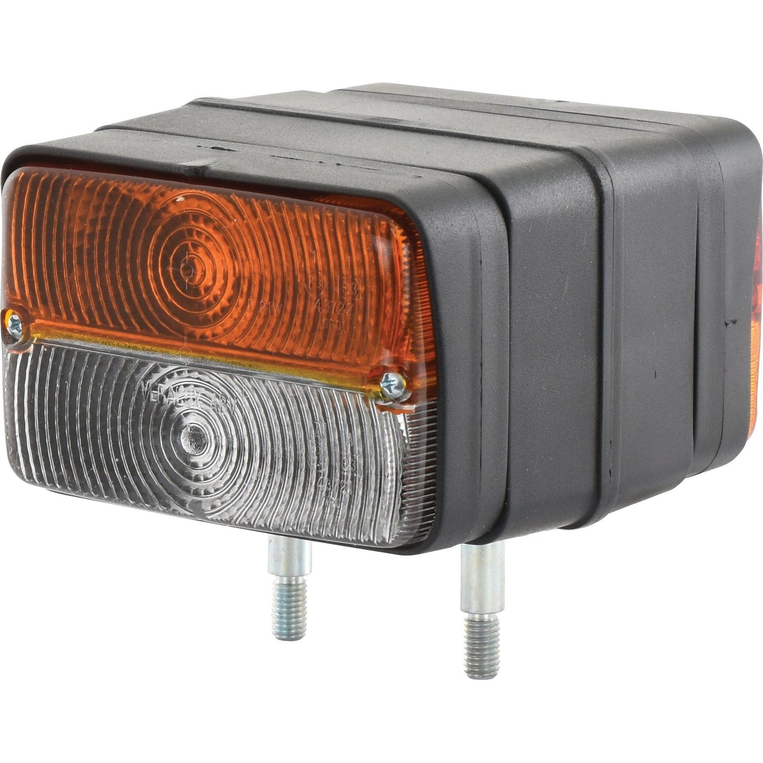 The Sparex Side Light - Front/Rear (Halogen), RH & LH, 12/24V - S.56122 is a rectangular vehicle light with an amber top and clear bottom, mounted on a black base with two metal bolts extending from the bottom.