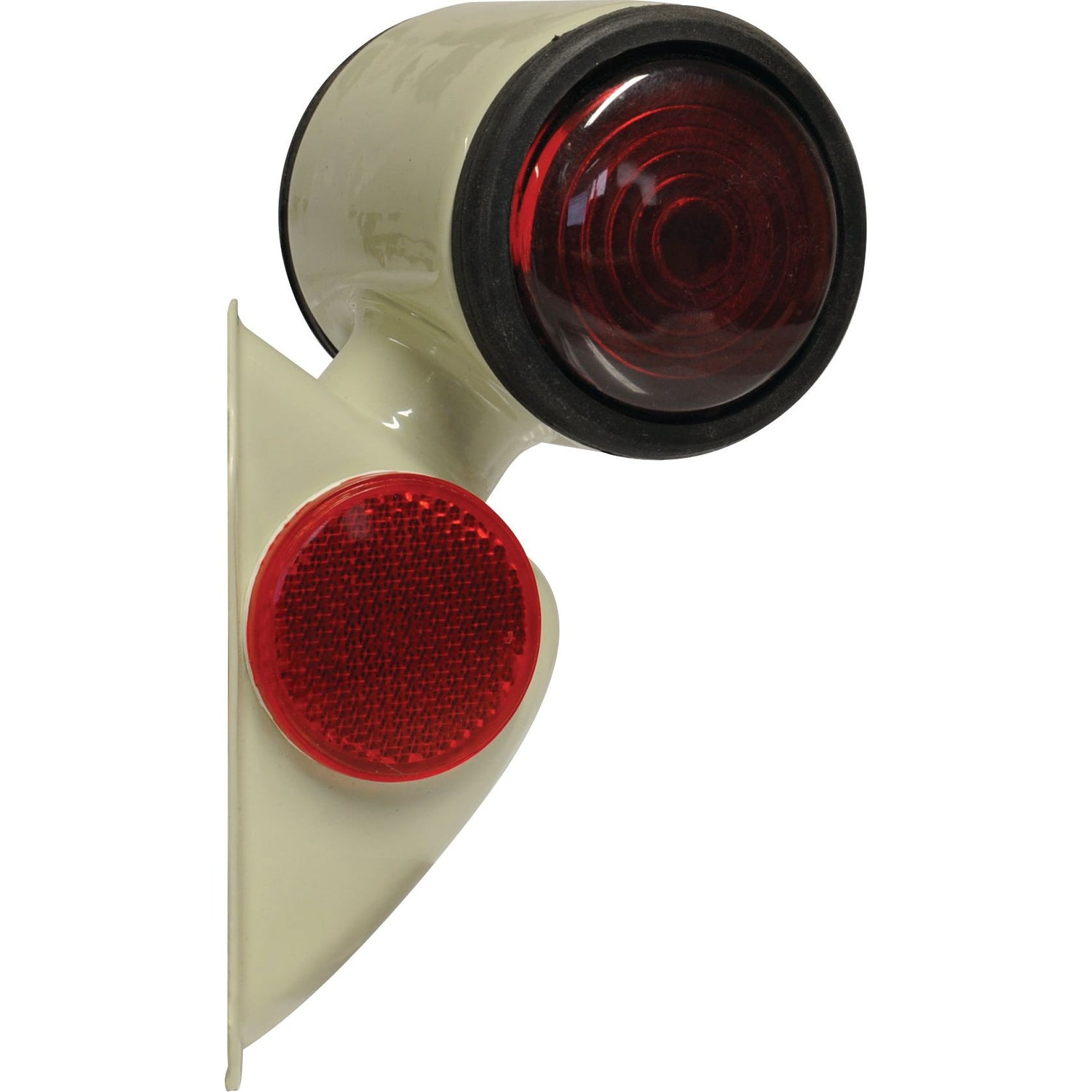 The Sparex Side Light - Front/Rear (Halogen) LH, 12V - S.66866 is equipped with a clear polycarbonate lens and reflector mounted on a white bracket, featuring a larger red lens on the top and a smaller round red reflector below.