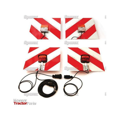 Two sets of Halogen Warning Panels with Light 12V, RH & LH - S.35811 by Sparex, featuring red and white chevron patterns and E-Approved brake indicators, along with electrical connectors and cables, are placed on a white background.
