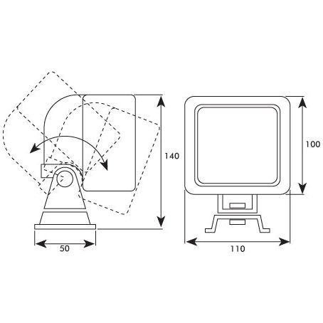 Diagram illustrating the dimensions of the Sparex Halogen Work Light Square RH & LH - 12V (55W) - S.51750 with adjustable angles. The square-shaped fixture measures 140mm in height, 110mm in width, and 100mm in depth, with a 50mm base width.