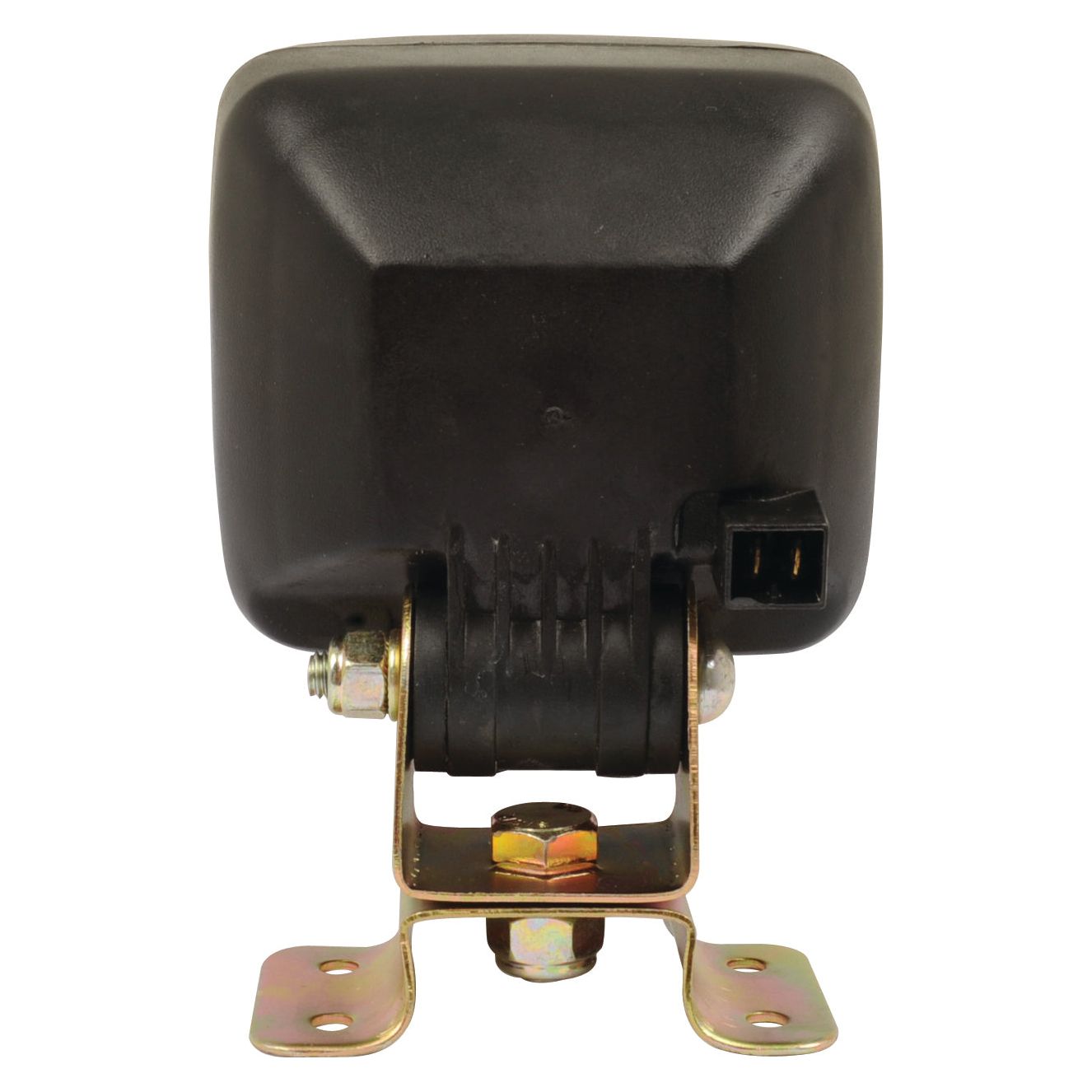 A rear view of the Halogen Work Light Square RH & LH - 12V (55W) - S.51750 by Sparex, featuring a black square automotive backup alarm with a mounting bracket, connector, and an integrated work light.
