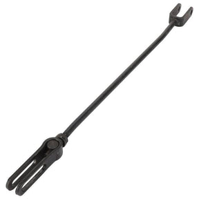 AGCO Massey Ferguson - Hand Brake Rod - 714846M93, featuring a long, black metal link with a double-pronged fork at one end and a single joint at the other, is compatible with the Massey Ferguson 200 Series.