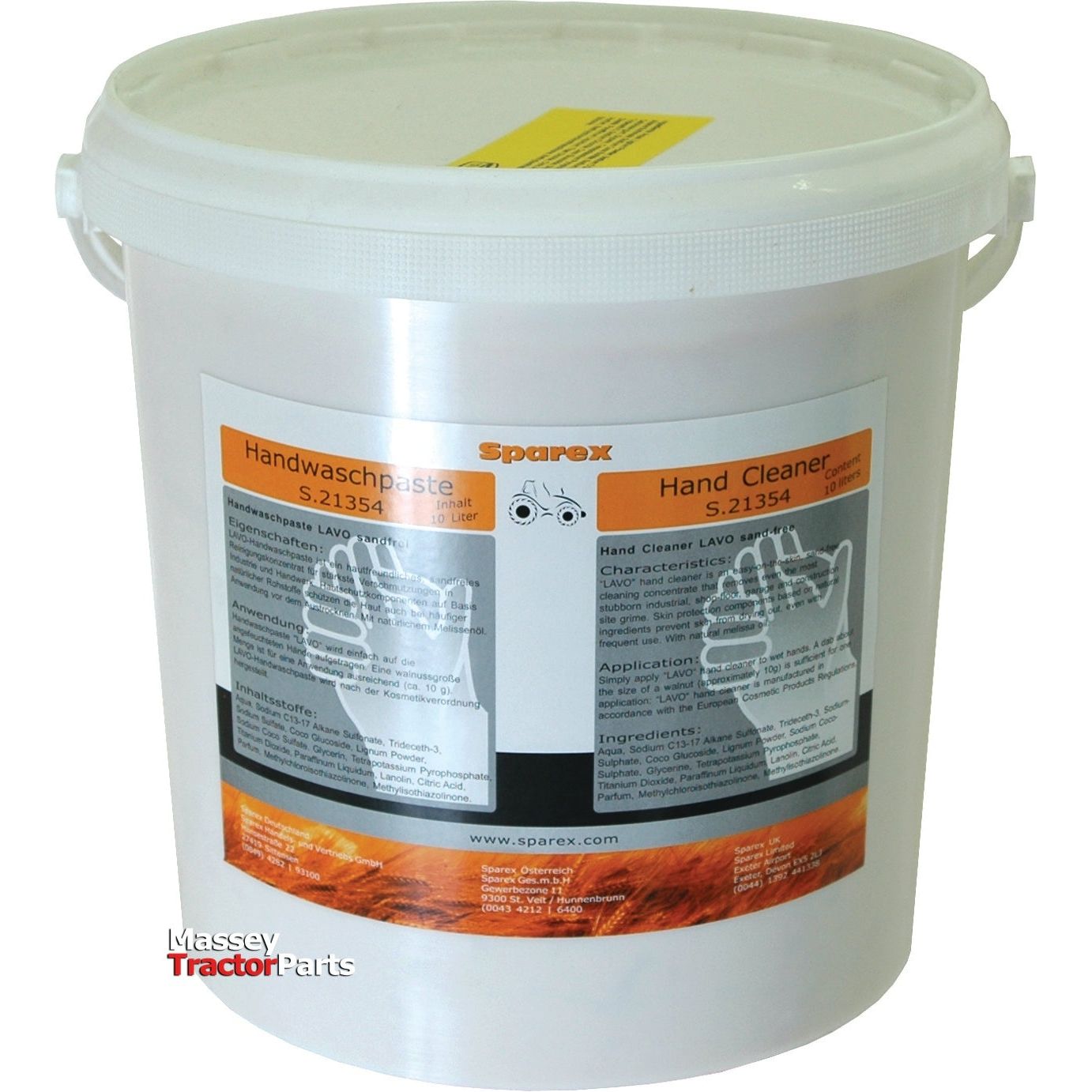 A 10-liter white plastic pail labeled "Sparex Hand Cleaner 10 ltr(s) | Sparex Part No.S.21354" with product details and usage instructions. This large container features a handle and a sealed lid, proudly displaying the brand name "Sparex" on the label.