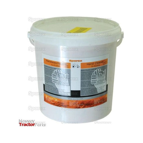 A 10-liter bucket of Sparex Hand Cleaner (Sparex Part No. S.21354), adorned with black and orange labels featuring images of hands and instructions. The lid is securely fastened, and the bucket includes a handle for easy transport.