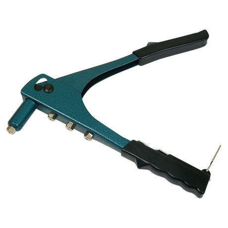 The Sparex Hand Riveter (Sparex Part No. S.4801) is a teal tool with a black handle, featuring multiple rivet size attachments on the side, including 3.2mm Ø rivets.