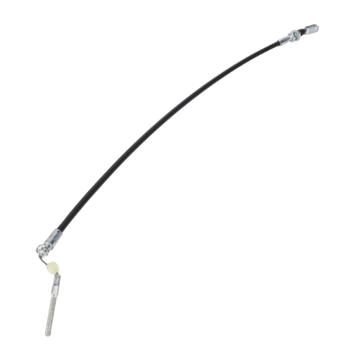 Image of a black mechanical hand throttle cable with metal fittings on each end, specifically designed for use in the Massey Ferguson 3000 Series, branded by AGCO as part number 3615918M1.