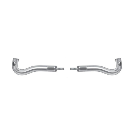 Two identical metal hooks with hexagonal shafts are positioned symmetrically, each threaded with a Sparex Hand Throttle Cable (Length: 1588mm, Outer cable length: 1228mm) - Sparex Part No. S.57381 through holes at the ends.