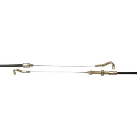 A close-up of the Sparex Hand Throttle Cable (Sparex Part No. S.57381) assembly, featuring metal hooks and adjusters, clearly showing the ends and connection points, typically used in International Harvester or Case IH equipment with a length of 1588mm and an outer cable length of 1228mm.