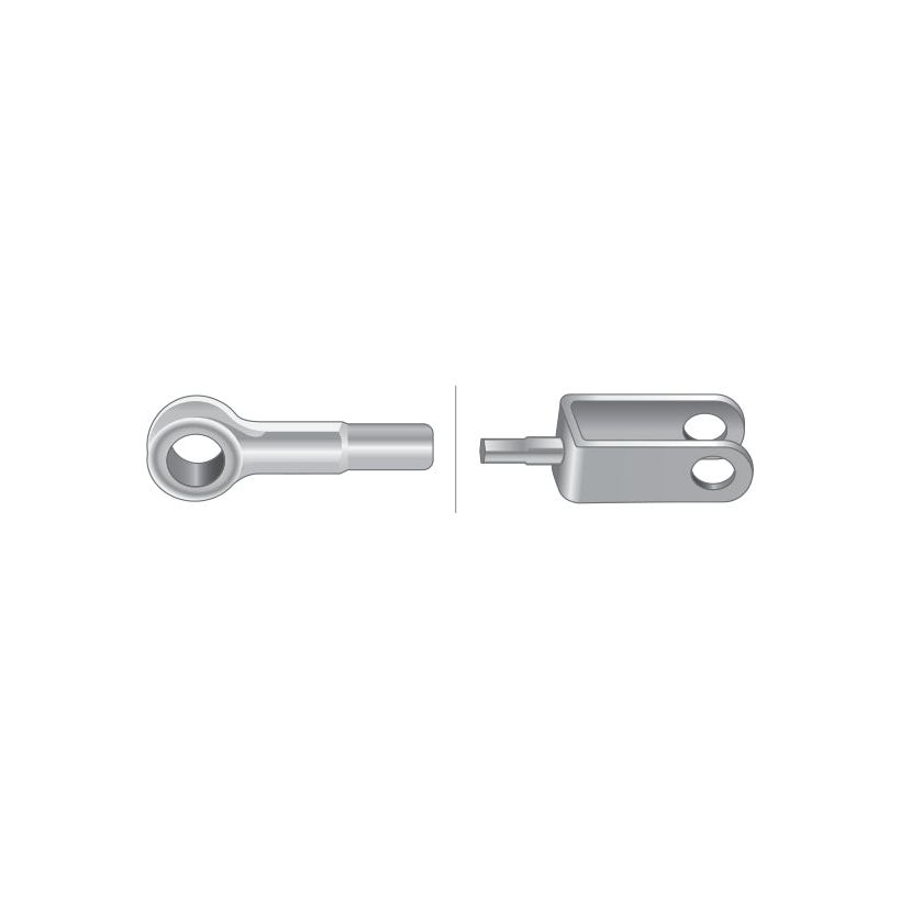 Illustration of two metal components: a clevis pin on the left and a yoke on the right, shown in silver against a white background. The design is compatible with Ford/New Holland models such as TS100, TS110, and TS115, specifically for use in hand throttle cable assemblies like the Sparex S.58768 Hand Throttle Cable with a length of 1770mm and an outer cable length of 1627mm.