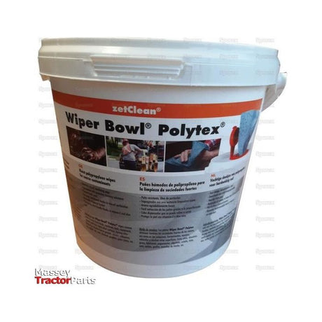 A white bucket labeled "Hand Wipes - 72 Sheets 250 x 250mm (10'' x 10'') | Sparex Part No. S.31578" by Sparex features text and images depicting detergent-soaked cloths for hand cleaning, along with instructions and descriptions in multiple languages.