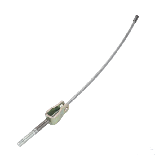 A flexible metal cable, identified as the Massey Ferguson - Handbrake Cable - 1852956M91 from AGCO, features a threaded end connected to a rectangular bracket and is commonly part of the broader mechanical components in Massey Ferguson's 100 Series.