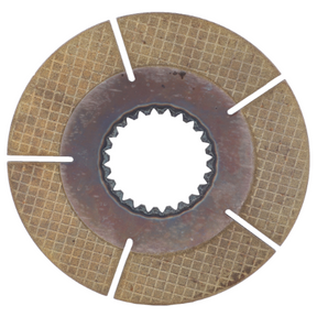 The AGCO Massey Ferguson Handbrake Disc (part number 3385987M1) is a mechanical friction disk with a textured surface and a splined center hole, specifically designed for 6100 Series transmission systems. The outer surface features four equidistant segmented cuts.