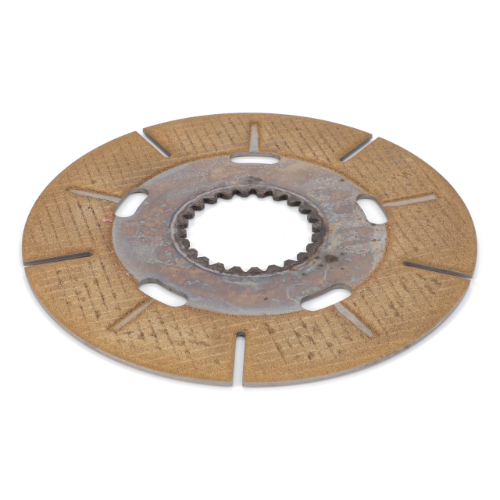 The AGCO Massey Ferguson Handbrake Disc (Part Number: 3790493M2) is a rusted, circular metal disc with a patterned surface and a central splined hole, featuring radial slots, commonly found in Massey Ferguson tractor parts.