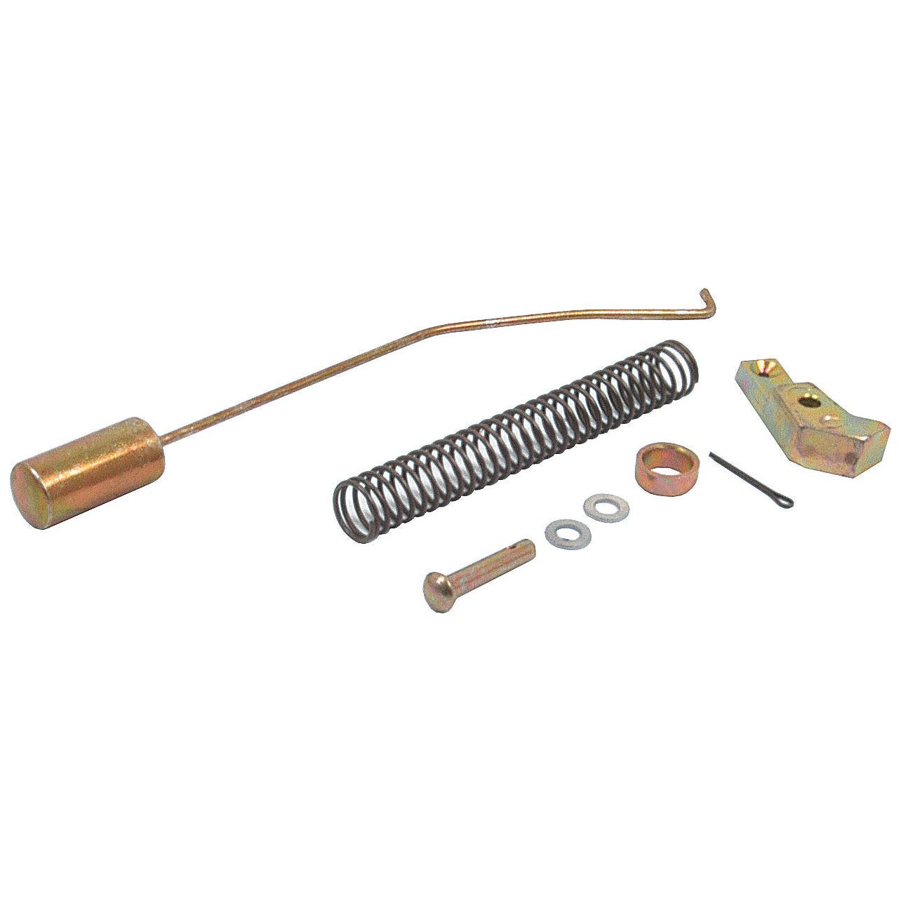 A collection of small mechanical parts for a Massey Ferguson, including a metal spring, cylindrical rod, two washers, a small bolt, a curved metal pin, and a bracket—perfect for your Sparex Handbrake Repair Kit (Sparex Part No. S.41321).