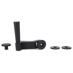 A black plastic Massey Ferguson - Handle R/H Side Window - 3476132M91, manufactured by AGCO, featuring an integrated lever mechanism and accompanied by four individual circular components, displayed on a white background.