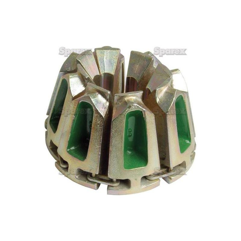 The Parker KarryKrimp Die Set 70 Series Green (83C-D12), available under Sparex Part No. S.7001212, is a metal land wheel implement with a rugged, segmented design featuring green pockets and intricate mechanical details. It is compatible with the Carry Crimp 2 Machine from Parker Hannifin.