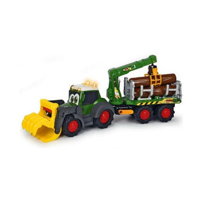 The AGCO Fendt - Happy Fendt Forester - X991019090000 features a toy logging truck with a yellow front loader, green trailer, and red wheels. The trailer is equipped with a crane that has a mechanical claw for holding logs.