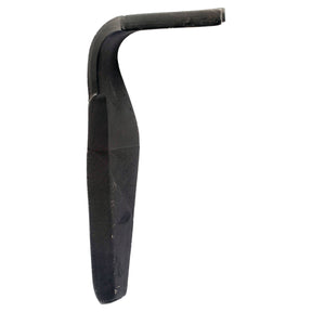 A Sparex Hardfaced Power Harrow Blade 120x16x315mm LH, featuring a black L-shaped design with a curved top and textured surface, is extra hardened with Tungsten Carbide. Hole centers: Hole Ø19mm. Compatible as a replacement for Kuhn model 2500090C - S.79235.