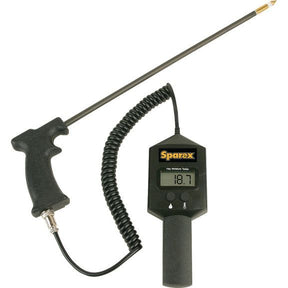 The Sparex Hay Moisture Tester - Portable - S.28716 features a long probe connected to a handheld device with a display screen, showing an accurate moisture reading of 18.7%. Suitable for precise moisture measurement in various hay types, ensuring optimal baling conditions.