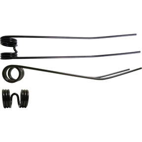 Three black, coiled Haytine-Swather metal springs from Sparex (Length: 580mm, Width: 88mm, Ø9mm) are set against a white background, shown from different angles with precision reminiscent of Taarup engineering. These springs serve as replacements for Deutz-Fahr and Vicon machines (part number 16606394), known in the Sparex catalog as Part No.S.21308.