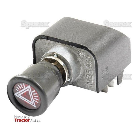 Close-up view of a Massey Ferguson tractor part featuring a black push-button switch with a red hazard triangle symbol on it. The words "Sparex" and "Massey Tractor Parts" are visible on the image, highlighting the Hazard Light Switch (Sparex Part No. S.43495).