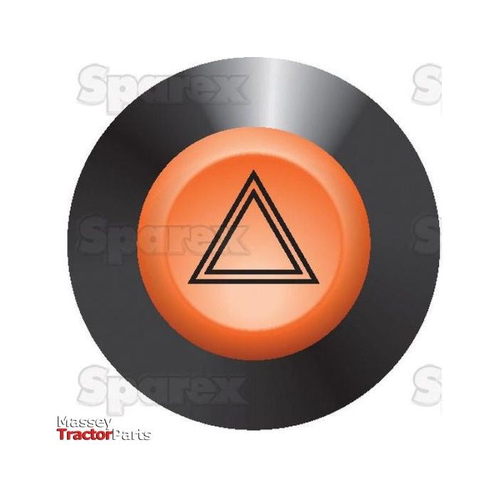 A close-up of the Hazard Light Switch | Sparex Part No.S.52827 shows an orange switch with a black triangle symbol in the center, set against a circular black background. The words "Sparex" and "Massey Tractor Parts" are lightly visible in the background.