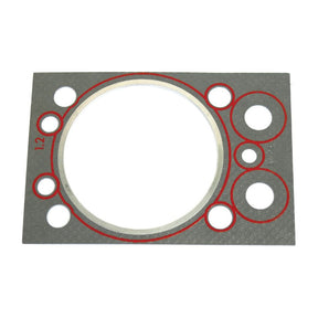 The Sparex Head Gasket - 1 Cyl. (UR1 Series), part number S.71283, is a rectangular gasket designed with multiple circular cutouts of varying sizes, primarily featuring one large central cutout and smaller surrounding cutouts. This black and red gasket is suitable for Zetor UR1 Series engines.