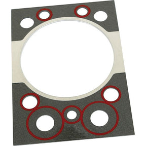 A close-up image of the Sparex Head Gasket - 1 Cyl. (Z2001, Z3001, Z4001, Z5001) with circular cutouts and red sealing markings, designed for a John Deere engine.