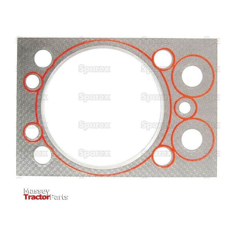 The Sparex Head Gasket - 1 Cyl. (Z4901, Z4904, Z5001, Z5201, Z5201T) with multiple circular openings and orange sealing lines is designed for Massey Tractor Parts and also compatible with the Zetor Engine.