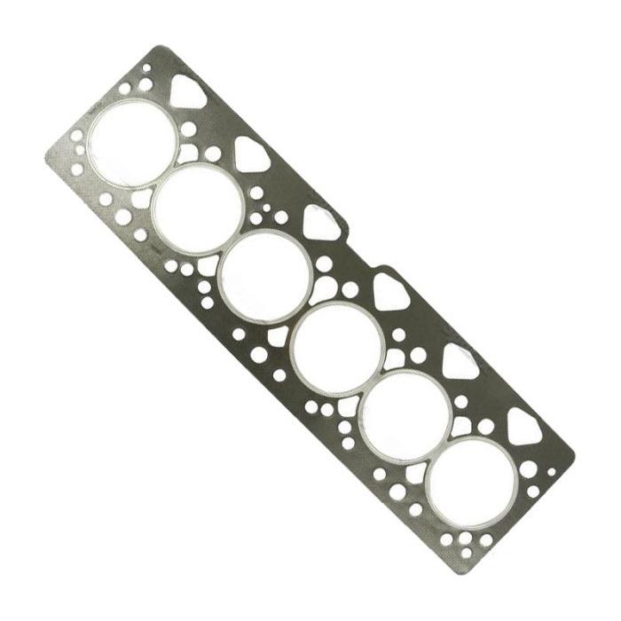 The AGCO brand Massey Ferguson - Head Gasket - 3638305Z1 is a rectangular metal engine gasket featuring five circular cutouts and multiple smaller holes for securing bolts or allowing fluid passage, perfect for Massey Ferguson tractor parts.