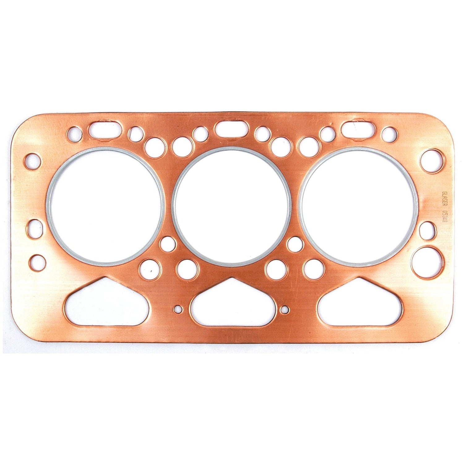 A Sparex copper head gasket with multiple circular and triangular cutouts, designed for sealing the cylinder head of a 3 Cyl. Leyland Engine (models 10/42, 3/45, 3DL, and 3/142), available under Sparex Part No. S.52603.