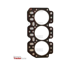 Description: Head Gasket - 3 Cyl. (3029) by Sparex, featuring multiple small perforations and three large circular openings, designed for John Deere tractor engines, displayed against a white background.