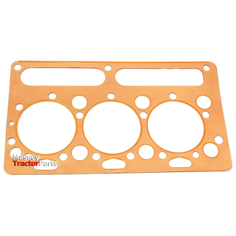 A rectangular, copper-colored metal gasket with multiple circular and irregularly shaped holes. The bottom left corner is labeled "Massey Tractor Parts." This asbestos-free gasket, named the Head Gasket - 3 Cyl. (AD3.152, 3.152, AT3.152) by Sparex (Part No.S.40620), is compatible with various Perkins engine models.

