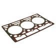 Image of the Sparex Head Gasket - 3 Cyl. (D155, D179) | Sparex Part No.S.57680, featuring three circular openings for cylinders and multiple smaller holes for bolts and fluid passages, typically used in D155 and D179 automotive engines.