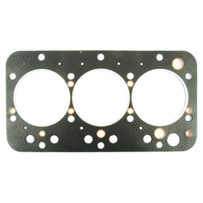 The Sparex Head Gasket - 3 Cyl. (UTB 530), also known as part number S.67190, is a rectangular, multi-layered metal gasket that features three large circular holes and multiple smaller holes of varying sizes, specifically designed for sealing surfaces in Long Tractor UTB 530 engines.