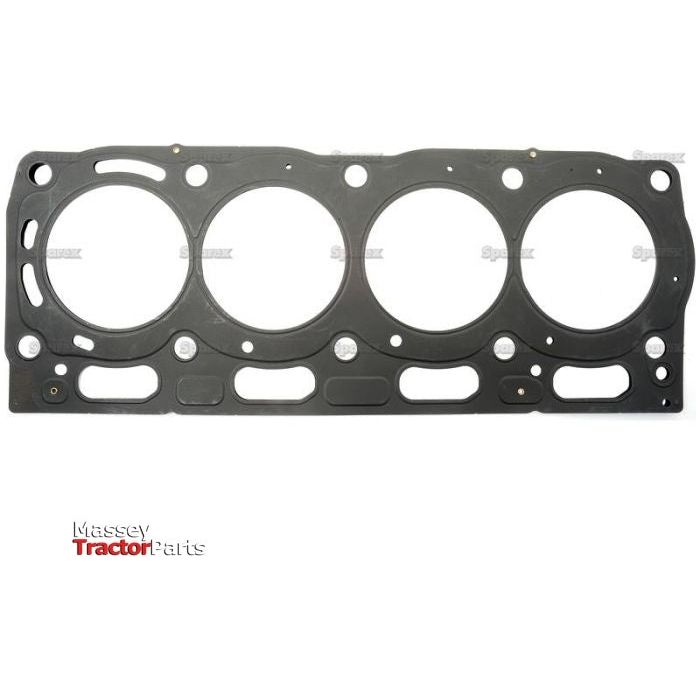 Image of a four-cylinder Perkins Head Gasket - 4 Cyl. (1104, 1104DE44T, 1104DE44TA, 1104D44) with holes for cylinder heads and other engine components. The "Massey Tractor Parts" logo is visible in the bottom left corner, highlighting the quality Sparex materials used in Part No.S.43918.