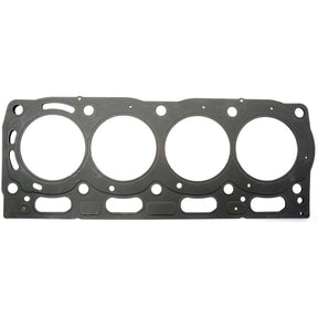 Image of a flat, rectangular metallic Sparex Head Gasket - 4 Cyl. (1104, 1104DE44T, 1104DE44TA, 1104D44) | Sparex Part No.S.43918 from Perkins Engine, featuring four circular openings and multiple perforations for bolts and fluid passages.