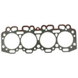 The Sparex Head Gasket - 4 Cyl. (4.318, A4.318, A4.318.2), Sparex Part No.S.42930, is a metal gasket with four circular openings and various smaller holes for bolts and fluid passages, designed specifically for Perkins Engine Model 4.318.
