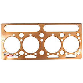 A metallic Sparex Head Gasket - 4 Cyl. (A4.203) with four large circular openings and multiple smaller holes, labeled "Massey Tractor Parts," designed specifically for Massey Ferguson 260 tractors. This Perkins Engine Gasket is asbestos-free to ensure safety and reliability.
