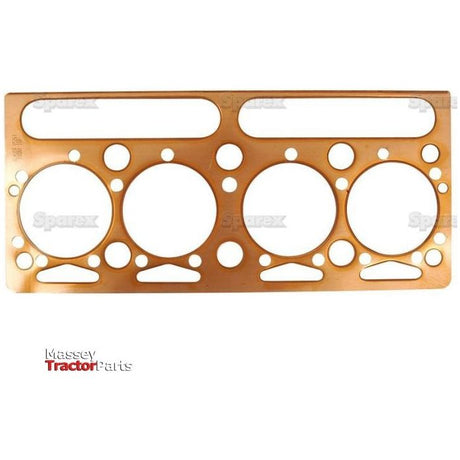 The Sparex Head Gasket - 4 Cyl. (A4.203), Sparex Part No. S.40622, is a metallic gasket featuring various circular and oval cutouts, specifically designed for Perkins Engine Gasket applications in Massey Ferguson 260 models and proudly labeled as Asbestos Free under the brand Massey Tractor Parts.