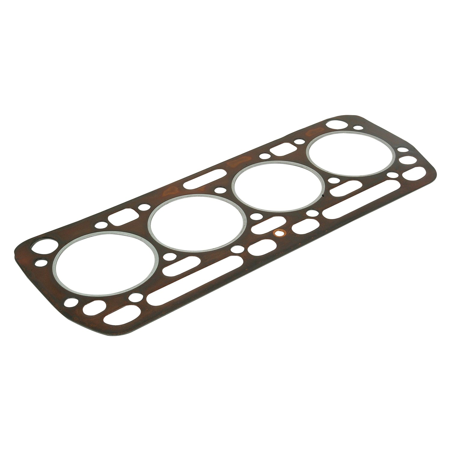 The Sparex Head Gasket - 4 Cyl. (BC144, BD144, BD154) with Sparex Part No. S.57681 is a metal cylinder head gasket designed for Case IH internal combustion engines, compatible with BD144 models. It features four circular openings and multiple small holes for bolts and coolant passages.