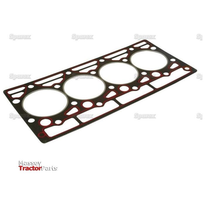 Image of a rectangular metal head gasket with four circular openings and multiple smaller holes, designed for tractor engine models D206, D239, and D246. The words "Massey Tractor Parts" and "Sparex" are visible on the Head Gasket - 4 Cyl. (D206, D239, D246) | Sparex Part No. S.57682 from the brand Sparex.