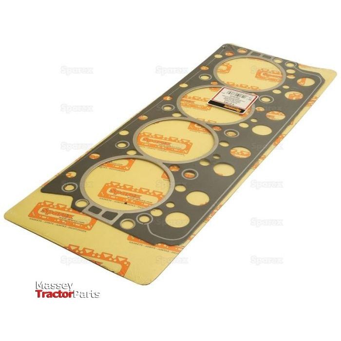 Image of a Sparex Head Gasket - 4 Cyl. (Sparex Part No.S.67364) laid out on top of its packaging. The gasket features multiple circular cutouts.