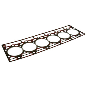 Image of a Sparex Head Gasket (Sparex Part No. S.57683) with six circular openings and various smaller holes, designed for 6-cylinder engines such as D310, D358, and D402 models. The gasket features primarily black with red and gray sections.