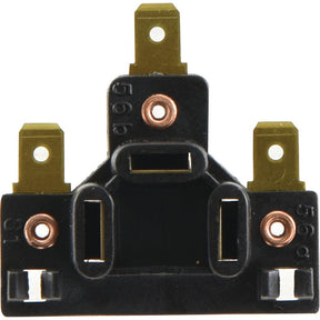 A close-up view of an electrical connector with labeled terminals, featuring three brass prongs and spaces for two attachment screws; ideal for use with the Sparex 12/24V Head Light Bulb Adapter (Sparex Part No. S.29754).
