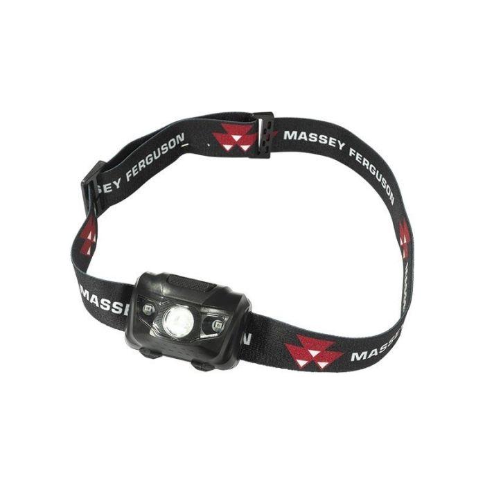 A black headlamp with an adjustable strap, featuring a multifunction LED bulb and branded with "AGCO" and a red Massey Ferguson logo, known as the Massey Ferguson Head Torch (X993211811000).
