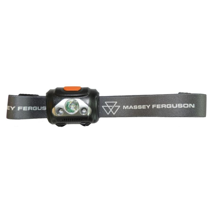 The AGCO Massey Ferguson - Head Torch - X993212203000 is a black LED headtorch with an adjustable strap featuring the Massey Ferguson logo and text. It includes an orange power button and a central LED light with adjustable head angling.