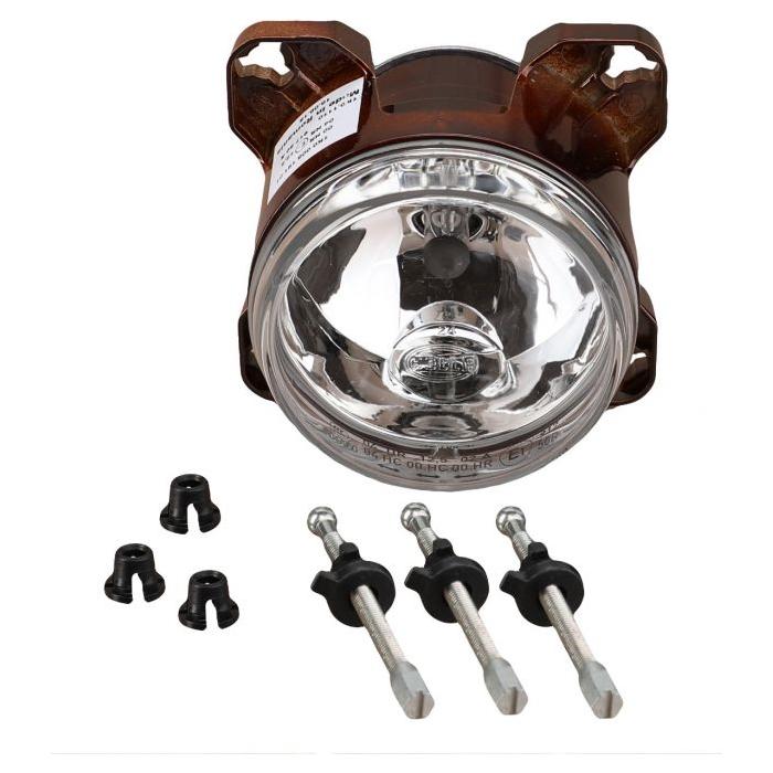 The AGCO Fendt - Headlight High Beam - G931901020150 / G931901020151 features a round automotive fog light with a transparent cover, brown mounting bracket, and three bolts with matching nuts. Ideal for tractor illumination on Fendt models.