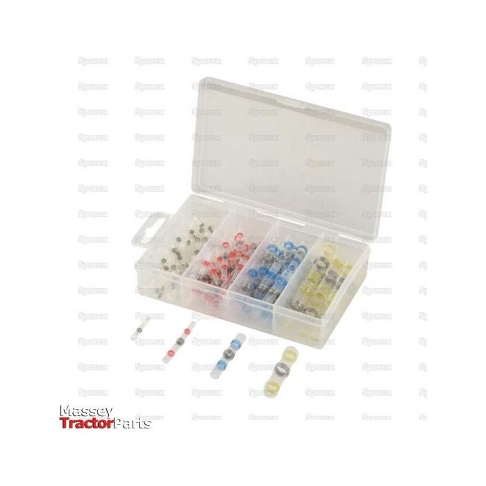 A transparent plastic box, labeled "Heat Shrink, Double Tin Sleeve Terminal Kit, 90 pcs. - S.153131" by Sparex, containing various electrical connectors including spade connectors and heat shrink terminals, with some wire splices placed outside the box.